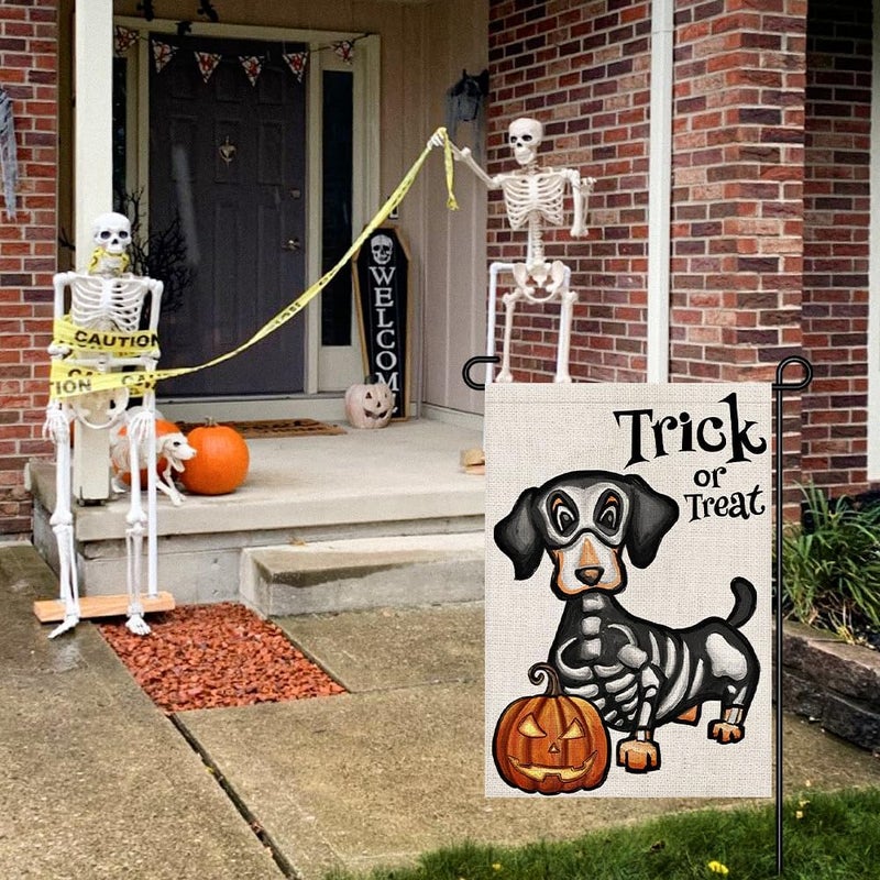 Decorhua Halloween Trick or Treat Garden Flag Ghost Dog 12x18 Inch Small Double Sided Burlap Welcome Yard Dachshund Skeleton Outside Decorations DF342 - Image 2